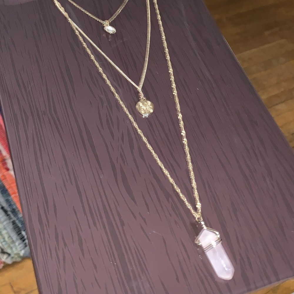 Rose Quartz Charm 3-Layered Necklace w/ Gold Chain